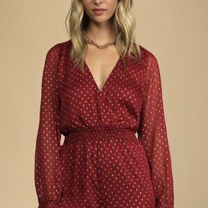 NWT Lulus Called For a Toast Wine Red and Gold Dot Long Sleeve Romper (sz SM)